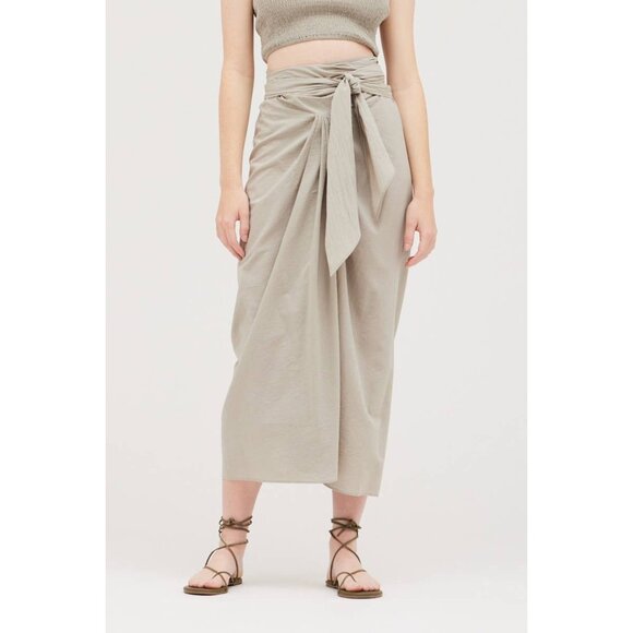 Women’s Tie-Front Wrap Skirt – Midi Length, Neutral Taupe - Picture 5 of 6